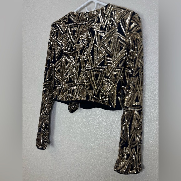 Privy Womens Sequin Jacket Collarless Asymmetric Zip Long Sleeve Gold Black - Picture 3 of 5
